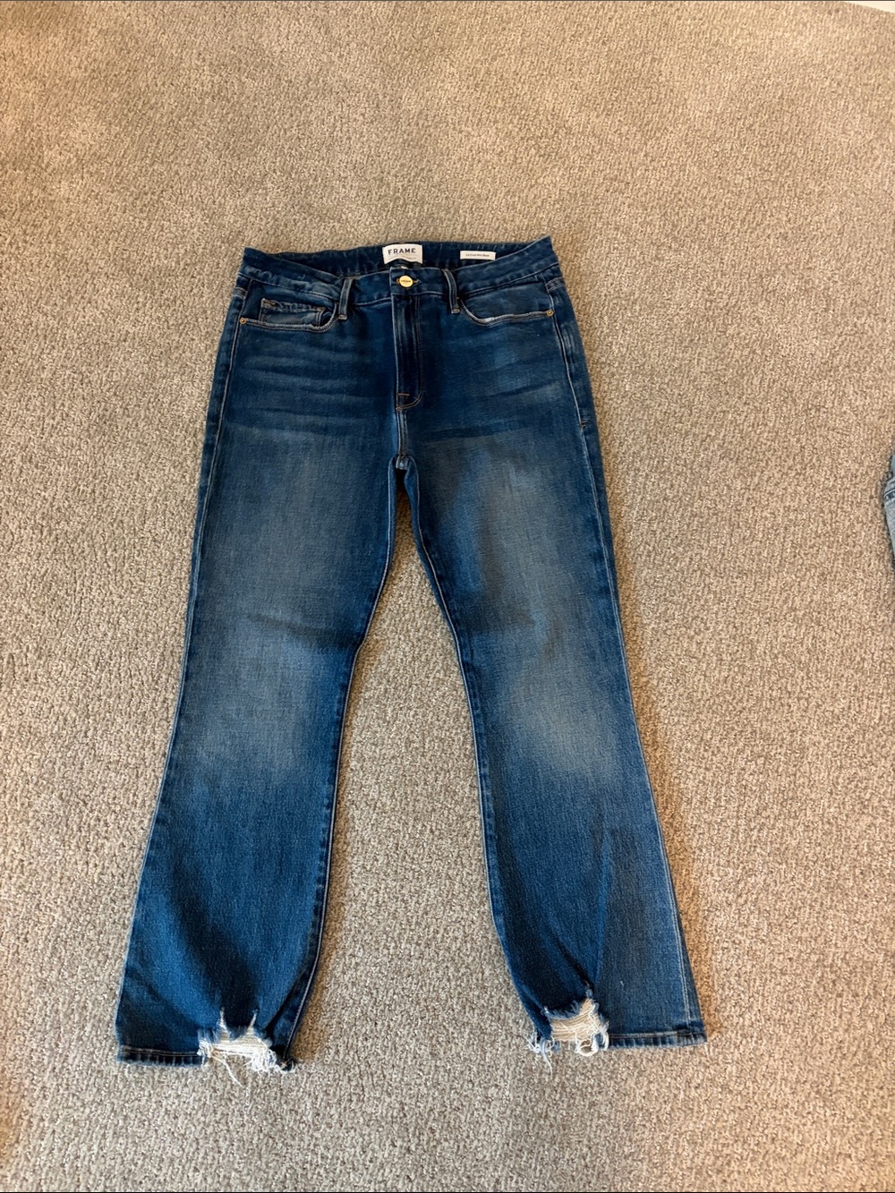 Frame Denim Indigo Cropped Straight Jeans with Distressed Hems